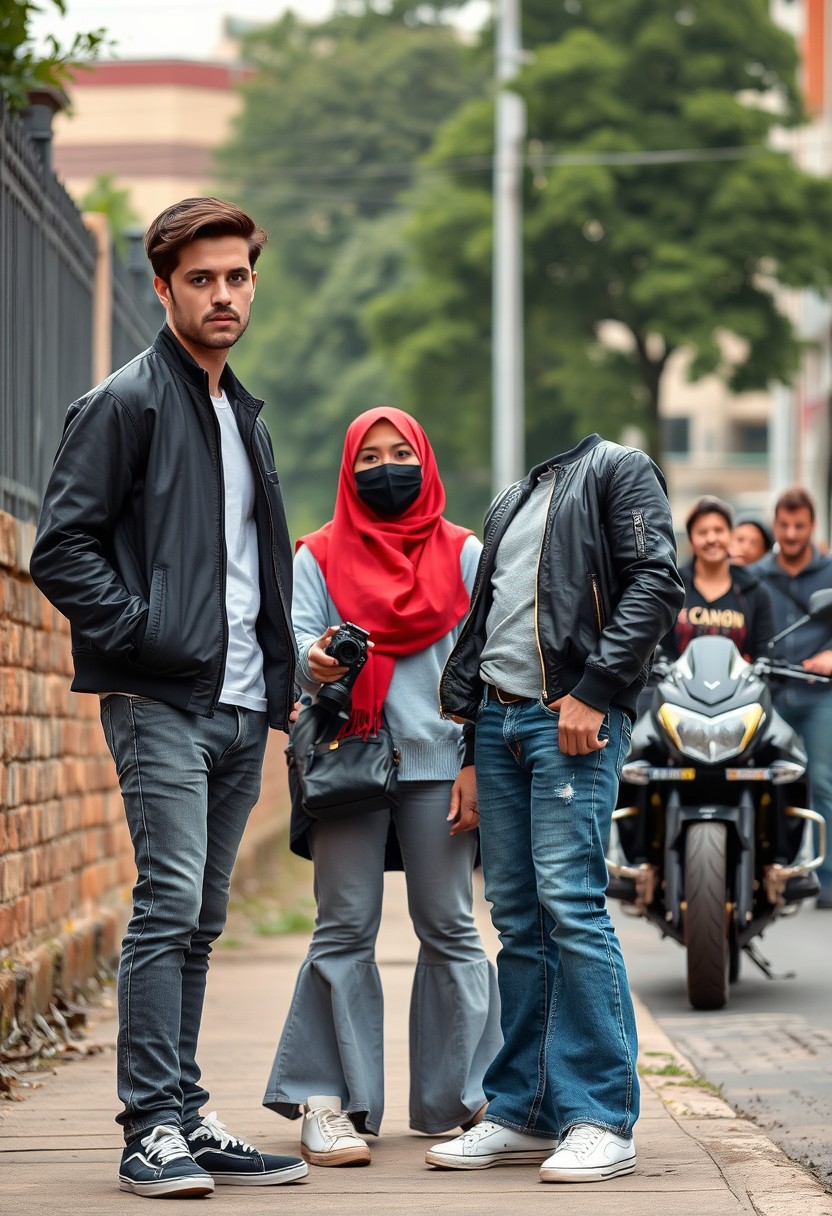 Jamie Dornan and Freddie Prinze, head and body shot, handsome, young, serious face, dark brown hair, white T-shirt, collage jacket, skinny jeans, sneakers, standing, discussing with two guys and a Muslim girl in a short red hijab, beautiful eyes, black face mask, black leather jacket, grey long T-shirt, bell-bottom jeans, holding a DSLR Canon camera, near a town road, superbike, hyper-realistic, street photography, brick wall, full-body photo, five other random smiling friends in the background. - Image