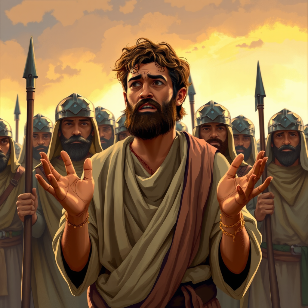 Israelite shepherd young man talking to a group of biblical Israelite soldiers. The young man gestures with his two hands as if asking "why?" and his face looks anguished. In the style of biblical painting.