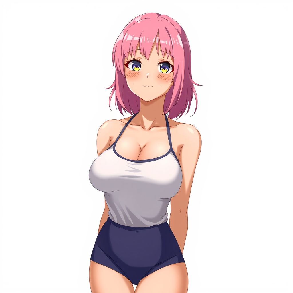 Anime art of a motherly woman, pink hair, school swimsuit, detailed body, standing, white background, stunning details, trending on artstation, anime artwork, anime cel shading, detailed soft shadows.