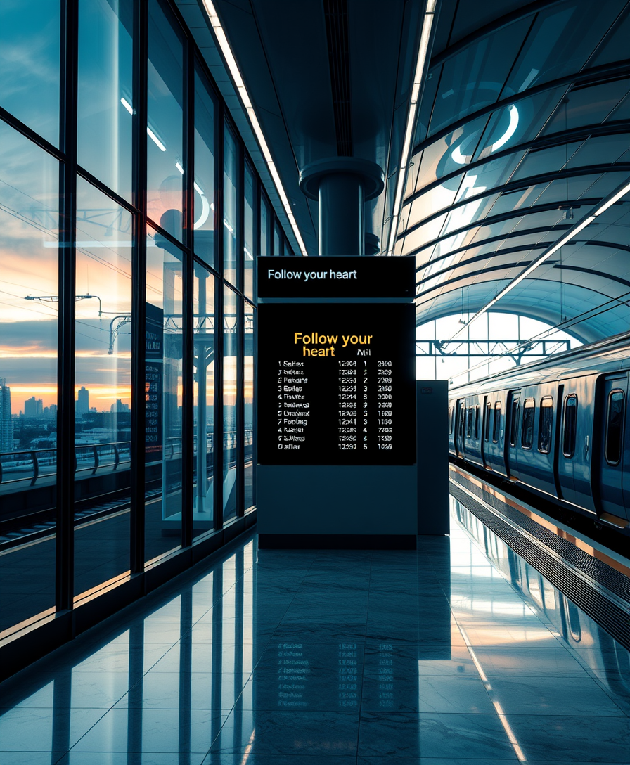 Futuristic interior of the railway station, with beautiful lighting. The glass walls offer stunning views of the city landscape on one side and a standing train on the other side. The train timetable board says "Follow your heart" in large neon letters. The design of the station is concise and modern, with a shining marble floor, with clear lines and a sense of sophistication.