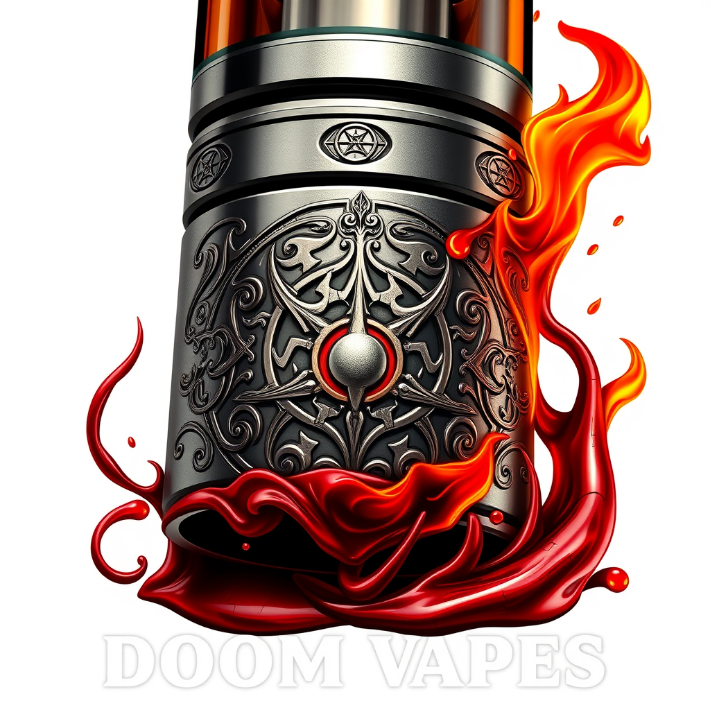 Hyper-realistic logo design for DoomVapes: Intricately detailed metallic vape tank, engraved with infernal motifs. Hellfire wisps curl around the device. Blood-red liquid seeps through cracks. Chthonic symbols etched on sleek surface. - Image