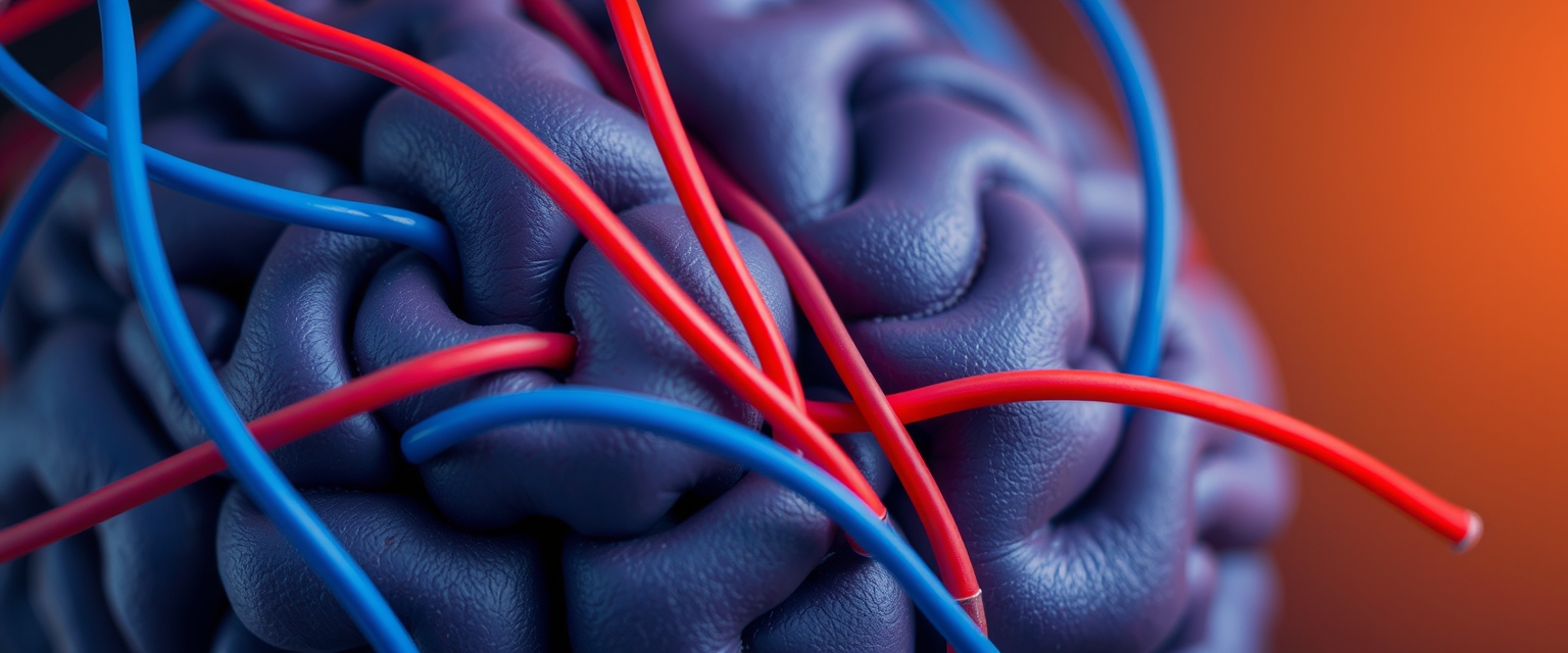 A close-up of a brain with many blue and red wires. - Image