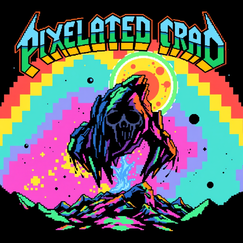 T-shirt design with a blocky colorful 8-bit style of death metal blended with chiptune. The visual should be unique and striking but macabre blended with beauty, and the band name is "Pixelated Crack," featuring a scene inspired by space.