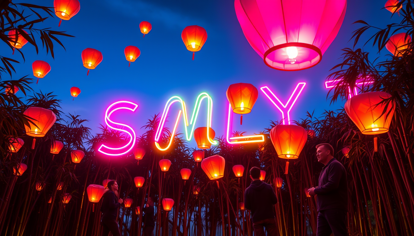 Neon art style: At dusk, a group releases traditional Vietnamese lanterns in a bamboo grove. The lanterns' light trails intertwine to form "SMLYT" in the sky. The letters are rendered in vibrant neon colors, each one a different hue. They appear to be made of glowing tubes bent into complex shapes, with electrical currents visibly pulsing through them. The neon letters reflect off the lanterns and the characters' faces, creating a dazzling light show.