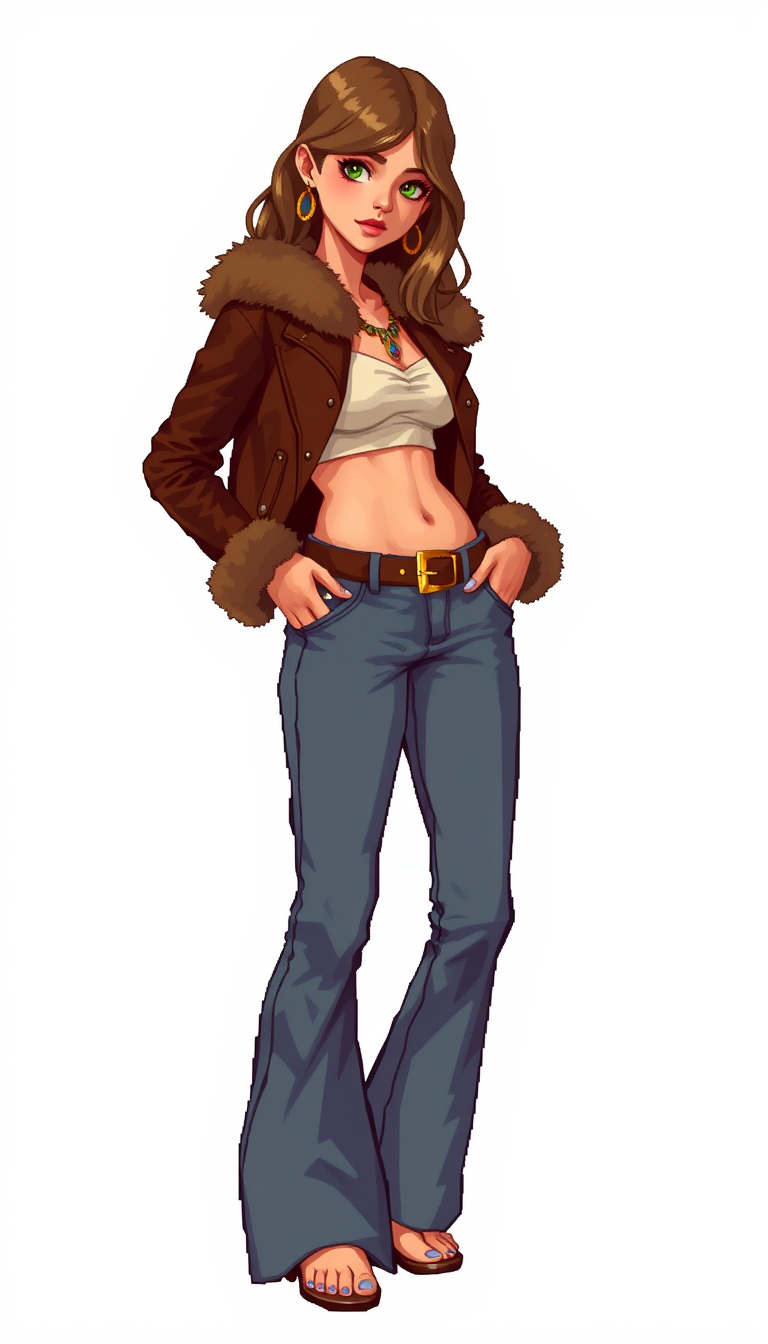 Exaggerated Pixel Art, white background, young hippie woman, standing sideways, slim body, green eyes, dressed in bell-bottom jeans, belt, golden buckle, navel, crop fitted leather jacket, fur collar and cuffs, open toe shoes, toes, earrings. - Image