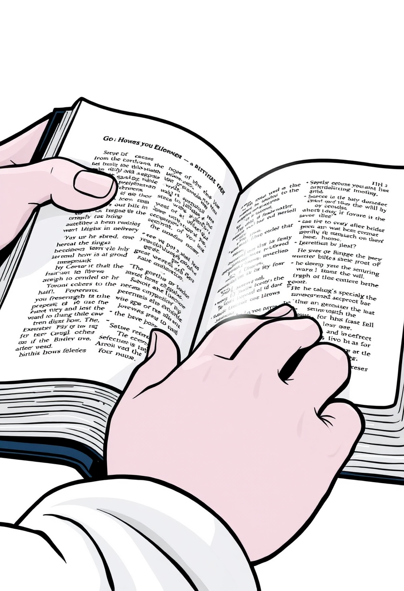 Depict a close-up of a person's hands holding an open Bible, with light shining on the pages. A coloring book page, cartoon style, thick lines, low details, no shading.