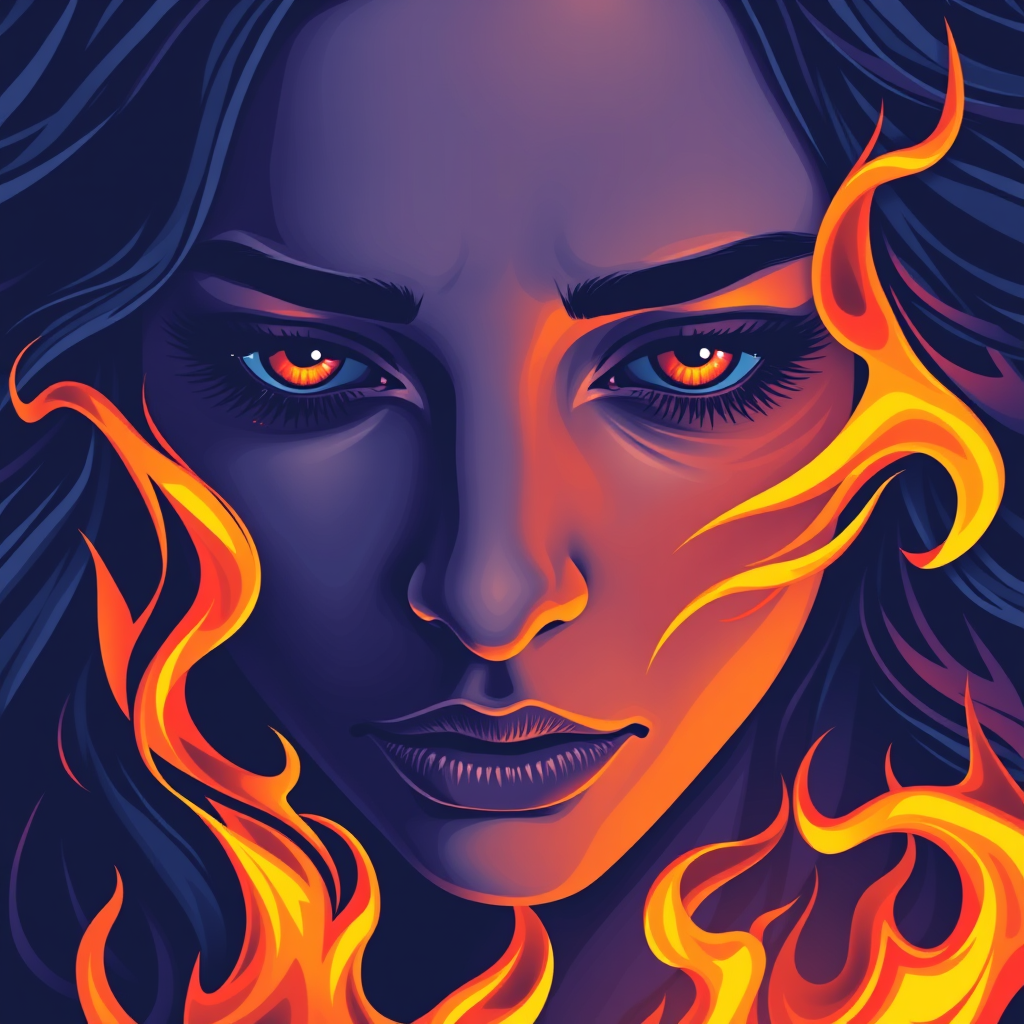 A tee shirt design of a close-up of a woman's face, inspired by the sun. Her expression is deep and soulful, reflecting both passion and sadness. Her eyes are intense and filled with emotion. The color palette is cool, featuring deep blues and purples, with a hint of warmth in her eyes. Whipping flames accent her face, blending seamlessly into the background, creating a contrast between the cool and warm tones. The overall feel is a harmonious blend of passion and melancholy, embodying the soulful essence of the sun. Transparent background. - Image