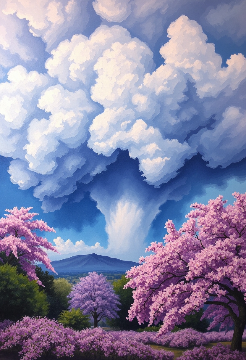 Oil painting of a sky, the sky is very detailed, a huge storm is brewing, purple vista, Sakura garden.