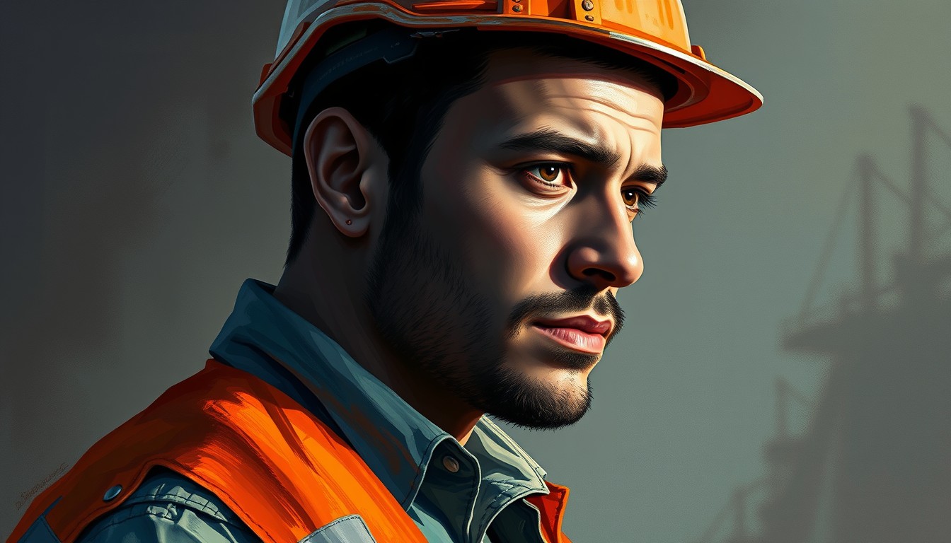 Digital illustration of a man in construction, with subtle depth, dodge and burn effect, ambient occlusion, brushstrokes, acrylic shading. - Image