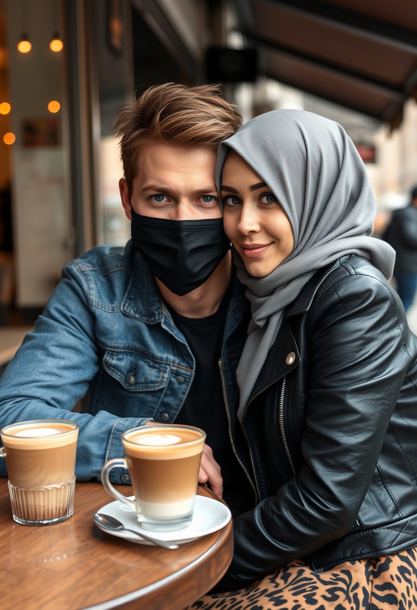 Jamie Dornan's head and body shot, handsome, face mask black, blue jeans jacket, jeans, dating love with grey hijab Muslim girl, beautiful eyes, face mask black, black leather jacket, biggest tiger pattern skirt, at cafe, 2 cups of latte, muffin cake on a table, photorealistic, hyper-realistic, street photography, selfie. - Image