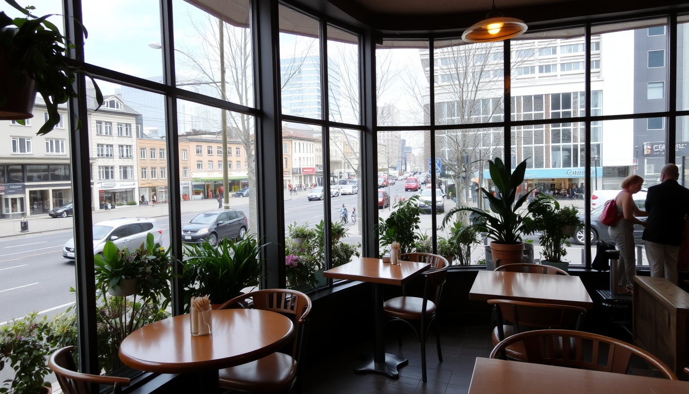 A cozy café with glass walls, offering a panoramic view of a bustling street.