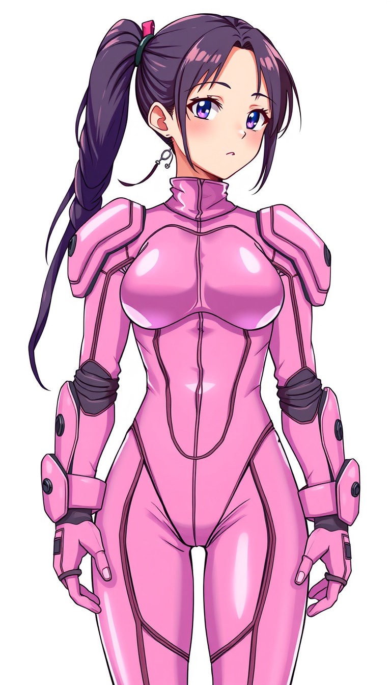 Ultra Detailed Character portrait, A person standing in a three-quarter view, facing forward. Arm position: Hanging naturally at sides, Pink space Armor bodysuit, female, anime style, super glamorous space female pirate, Pink Clothes made of shiny vinyl, Pink space bodysuit, A view from the waist up to the head, The background is a simple white color, cute Feel like a villain, Bizarre suits like space alien designs.