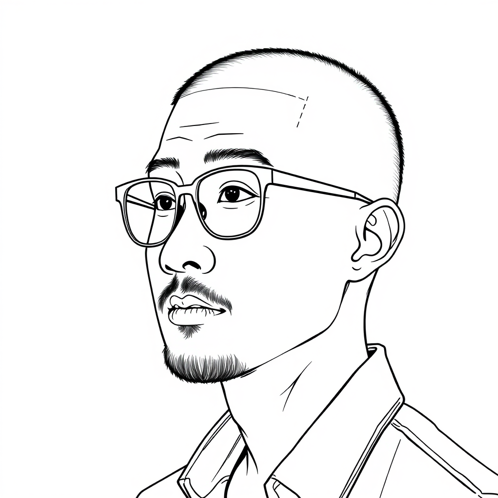 "Create a cool line drawing of a 35-year-old man’s portrait, slightly to the left, with short buzzed hair, Asian, wearing frame glasses for nearsightedness, slightly bearded, in a shirt." - Image