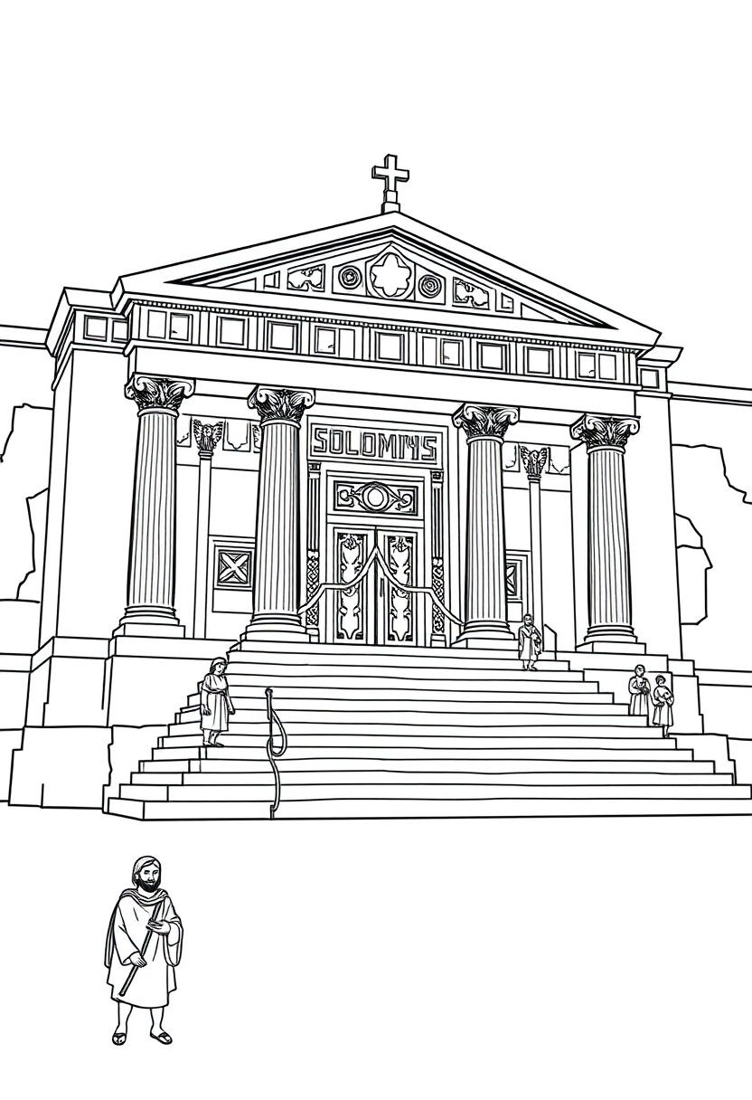 coloring book page. Line drawing of Solomon's Temple exterior: A grand building with columns, steps, and ornate doors. Add simple patterns to suggest decorative elements. Include a few human figures to show scale. line art vector style, White background, black and white drawing, sharp black lines. - Image