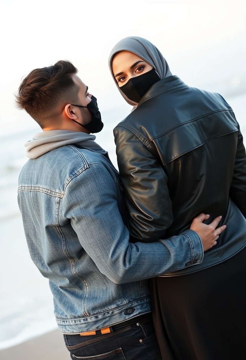 Jamie Dornan's head and body shot, handsome, black face mask, denim jacket, jeans, dating, love couple, hugging from behind, with the biggest Muslim girl in a grey hijab, black face mask, beautiful eyes, black leather jacket, largest skirt, at the beach, hyper-realistic, selfie. - Image