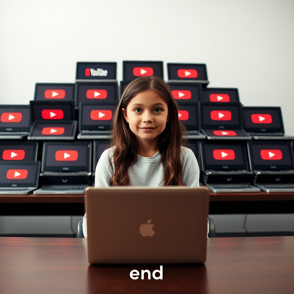 "Photograph of a girl sitting at a table, portrait, with a mountain of laptops behind her featuring the YouTube logo, caption on the photo says 'YouTube end'." - Image