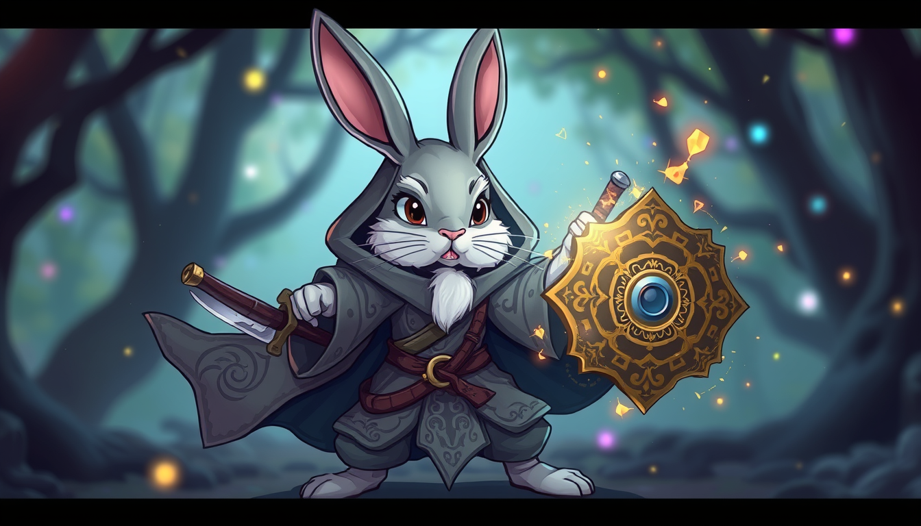 A cartoon-style rabbit with a martial arts and fantasy theme, wearing a flowing, tattered cloak with intricate patterns reminiscent of wuxia robes. The rabbit is in a defensive stance, holding a mystical sword or staff in one hand and an ornate shield in the other. The scene is filled with floating magical particles glowing in colors like blue, purple, and gold, creating a magical aura. The rabbit is surrounded by a protective shield of magical energy, with sparks and light particles dancing around. The cloak billows dramatically, and the rabbit's expression is focused and determined. The style is vibrant and colorful, with exaggerated features and bold lines, set against a blurred background of an enchanted forest or martial arts arena.