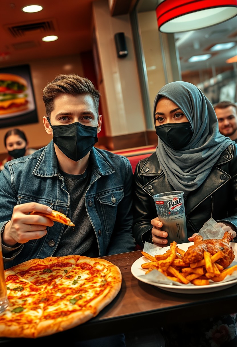 Jamie Dornan's head and body shot, handsome, young, wearing a black face mask, blue jeans jacket, jeans, on a date with a beautiful Muslim girl in a grey hijab with beautiful eyes, also wearing a black face mask and black leather jacket, and a large floral skirt, at a busy pizza fast food restaurant, with a plate of cheese pizza slices, a plate of Korean fried chicken and fries, and a glass of soft drink, eating with three other randomly smiling friends in the background, photorealistic, hyper-realistic, street photography. - Image