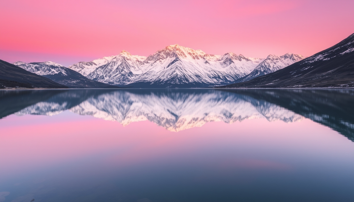 A glassy lake reflecting a snow-capped mountain range at dawn.