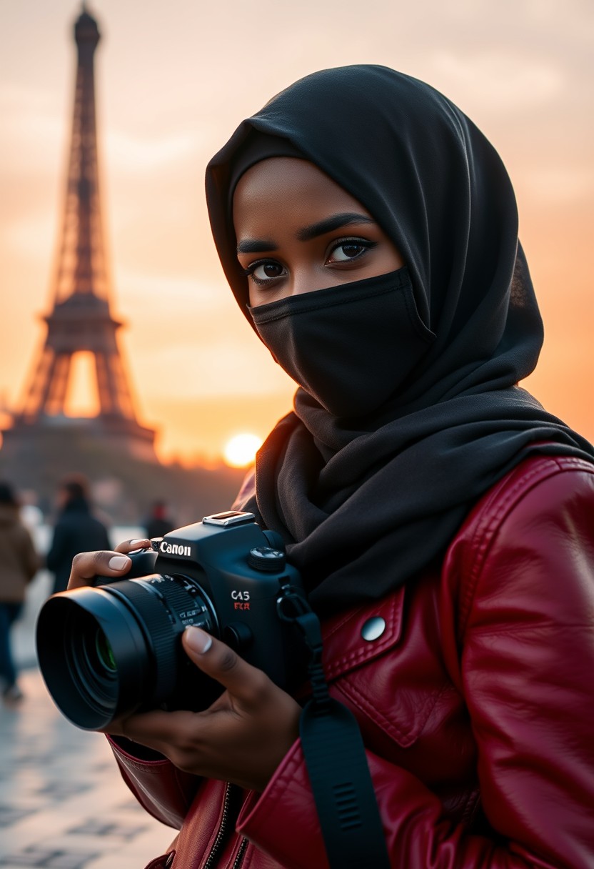 Biggest chocolate hijab Muslim girl, beautiful eyes, black face mask, red leather jacket, biggest skirt, holding a DSLR Canon camera, sunrise, morning scenery, Eiffel Tower, hyper-realistic, street photography. - Image