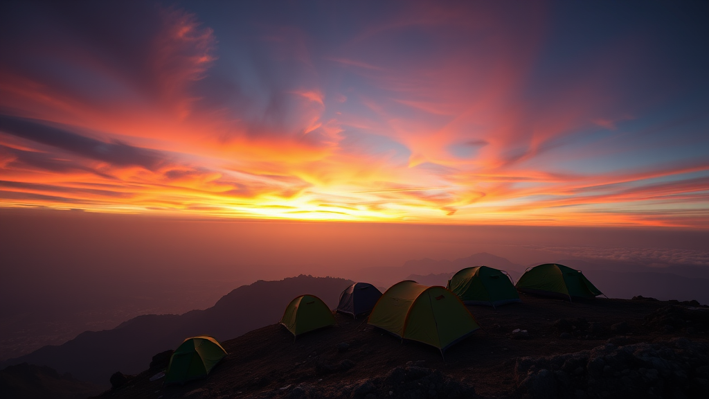 A group of tents set up on the side of a mountain in the middle of, Rudy Siswanto, art photography, Flickr contest winner, tents, vibrant sunrise, at sunrise, trending on 500px, trending on 500px, during dawn.