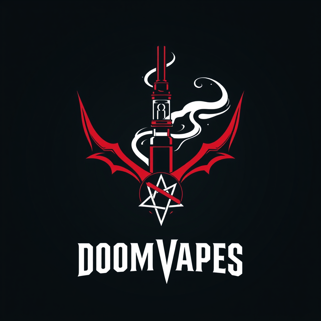 Sleek, minimalist logo for DoomVapes: stylized vape pen intertwined with demonic horns, emitting wispy smoke forming a subtle pentagram. Crimson and obsidian color scheme. Sharp, clean lines evoke modern tech and ancient occult symbols. Balanced composition exudes rebellious yet sophisticated atmosphere. - Image