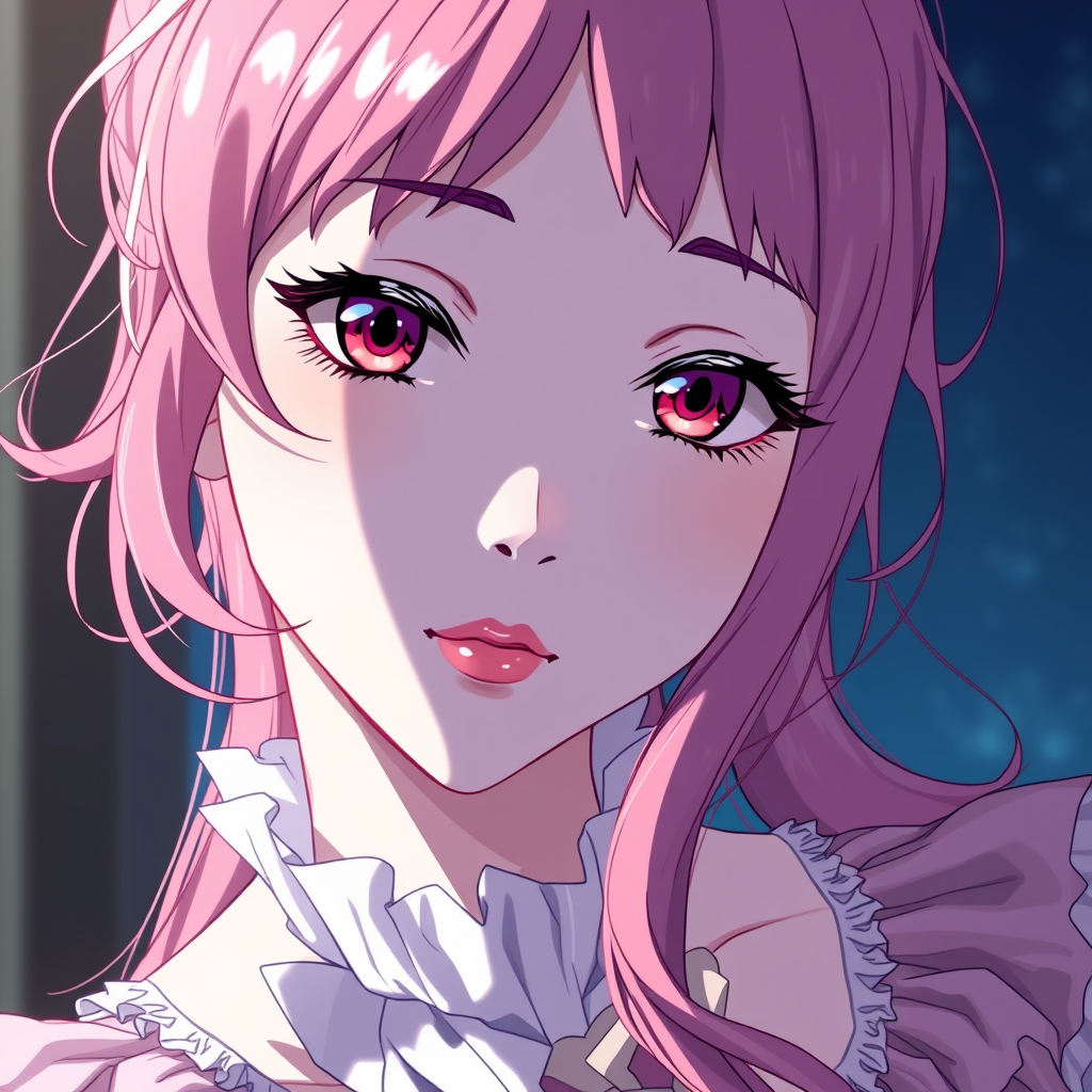 Anime art of a motherly woman, close-up, pink hair, frilly dress, detailed scene, stunning details, trending on artstation, anime artwork, anime cel shading