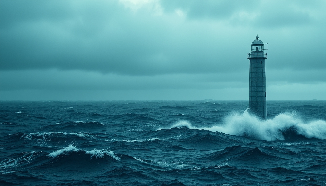 A dramatic stormy sea with a glass lighthouse standing tall against the waves.