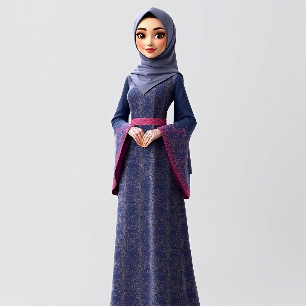 Create a 3D, 8K animated cartoon of a Muslim woman from Palembang wearing a long traditional songket dress. She should have her hands covered with batik gloves. The image should capture the elegance and cultural richness of the attire. - Image