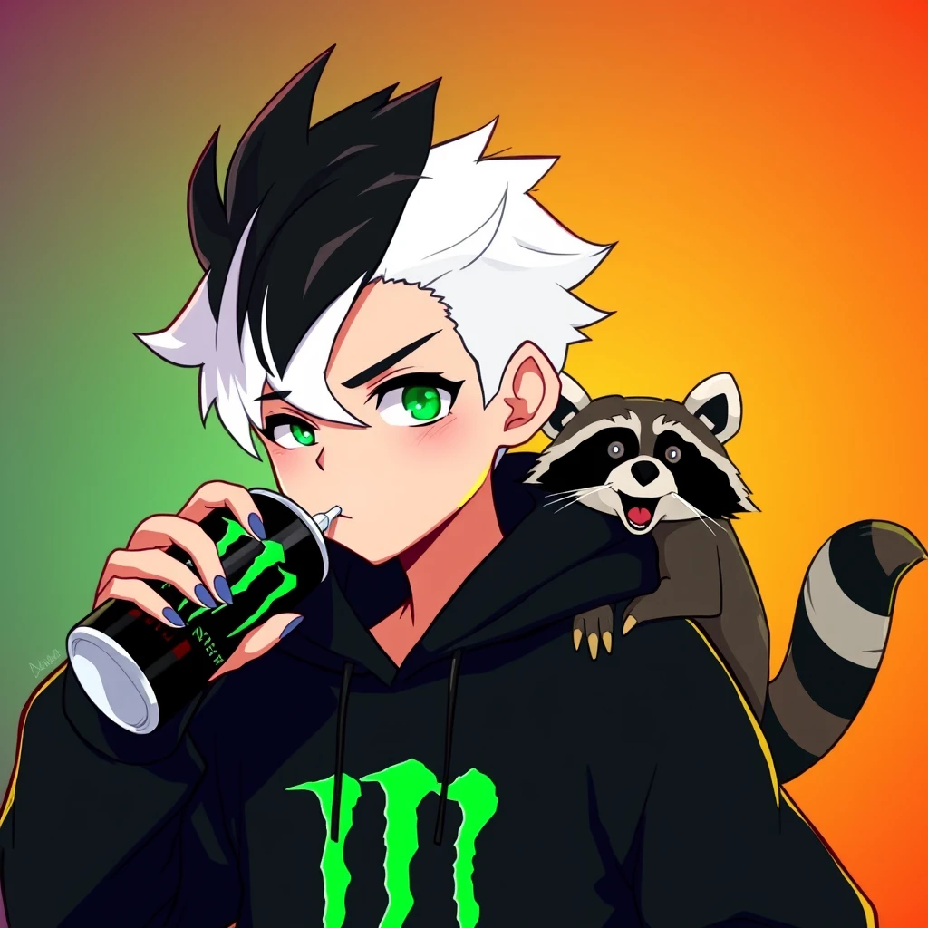 "animated boy with half white and half black hair wearing a black hoodie drinking Monster Energy with a raccoon on his shoulder."