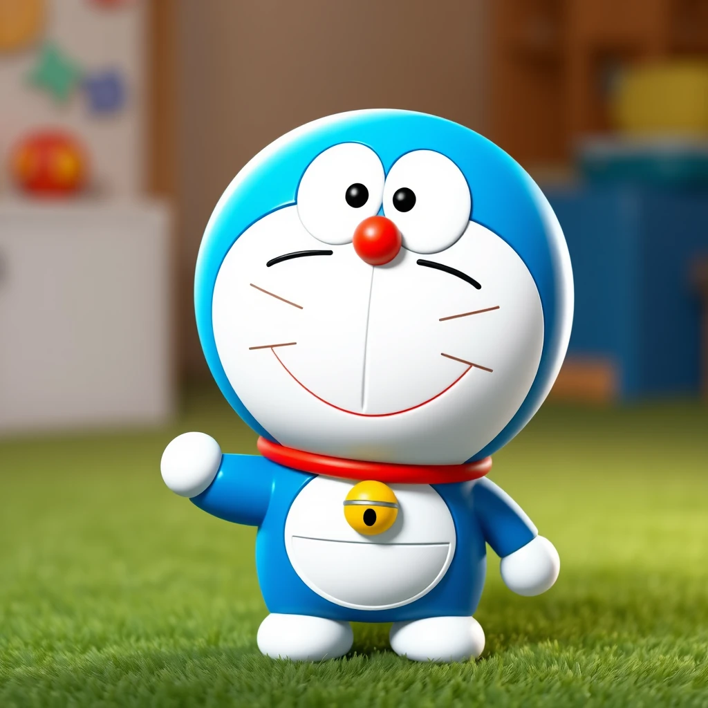 Pixar Style, 8K, this is an avatar, 3D, Doraemon, with a full body and a cute smile, the body color blue, shows growing blue light, 3 nose hairs. - Image