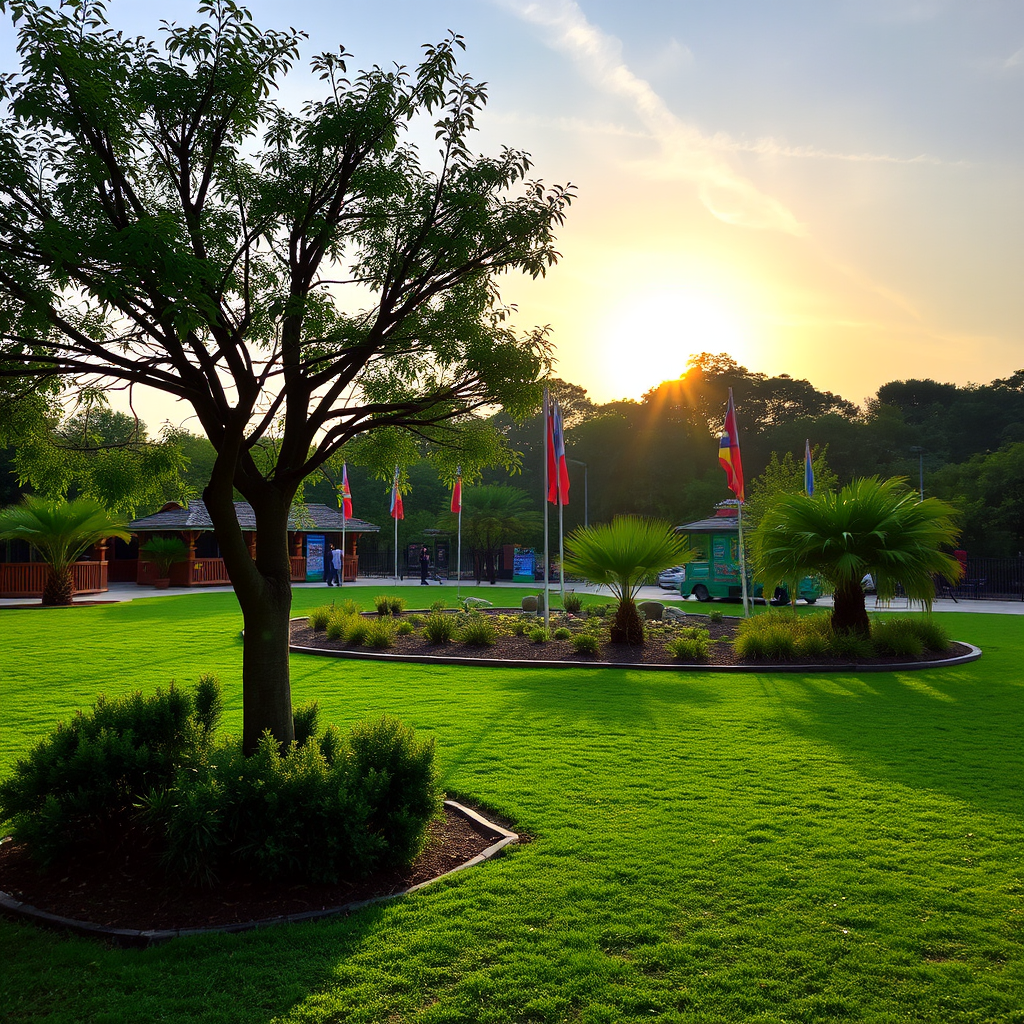 One sunny morning, the sun was just rising, and there were faint clouds in the sky. A colorful, vibrant zoo. The ground was green grass with a few big trees and bushes around it. A colorful, vibrant zoo. The ground was green grass with a few big trees and bushes around it. - Image