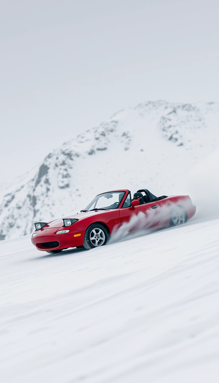 Create an image of a red 1991 Mazda MX-5 drifting on a snowy mountain. - Image