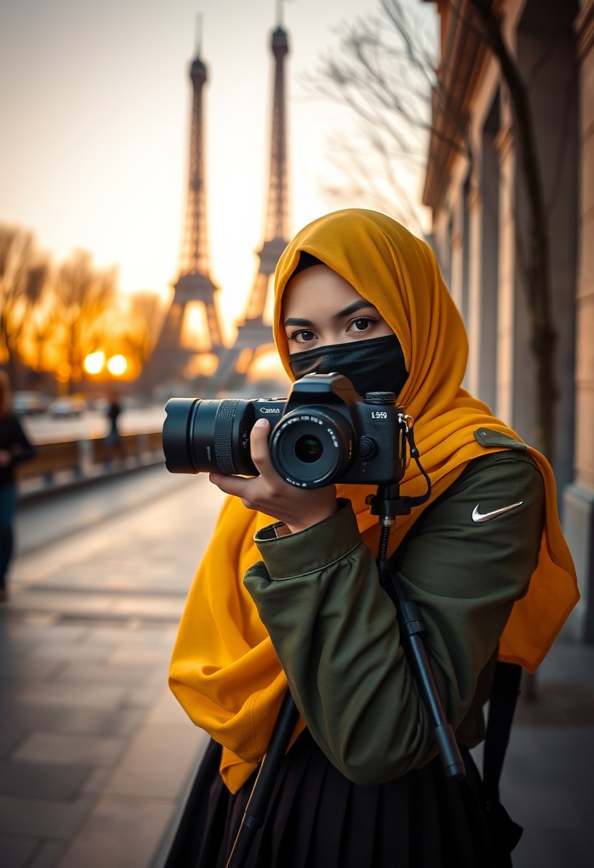 Biggest hijab yellow Muslim girl, beautiful eyes, face mask black, green army leather jacket, biggest skirt, camera DSLR Canon, tripod, taking photos of Eiffel Tower, sunrise, morning scenery, hyper realistic, street photography. - Image