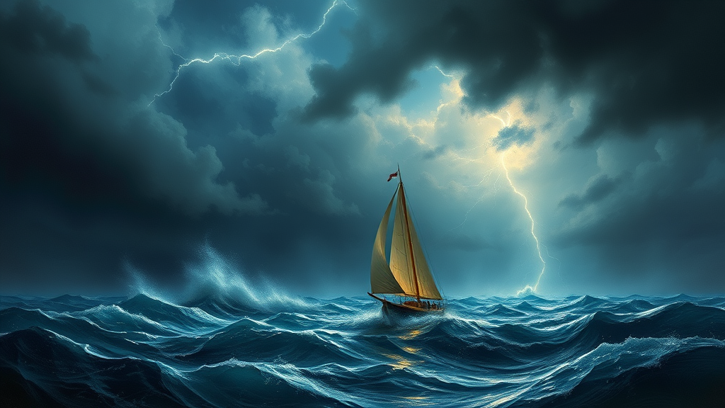 A sailboat in the middle of the ocean with a lightning bolt coming from the sky, inspired by Ivan Aivazovsky, romanticism, Shutterstock, storm at sea, a ship lost in a storm, in a storm, a violent storm at sea, wild ocean storm at night, storm of all storms. - Image