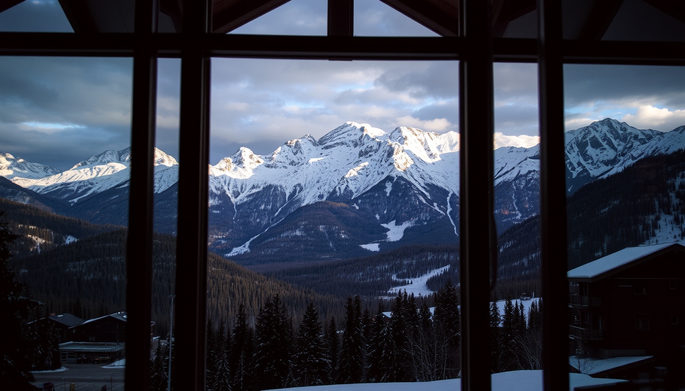 A dramatic mountain landscape viewed through the glass walls of a ski lodge. - Image