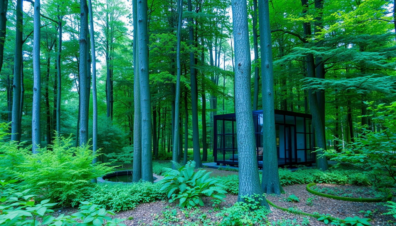 A tranquil forest scene with a hidden glass house blending into the surroundings.