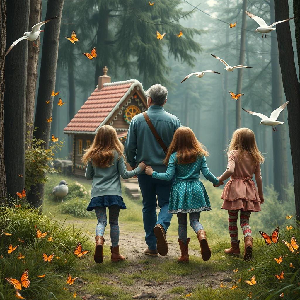 Three girls about ten years old in leggings, dragging a man to a gingerbread house in the forest. Photo from the back. Lots of butterflies and seagulls.