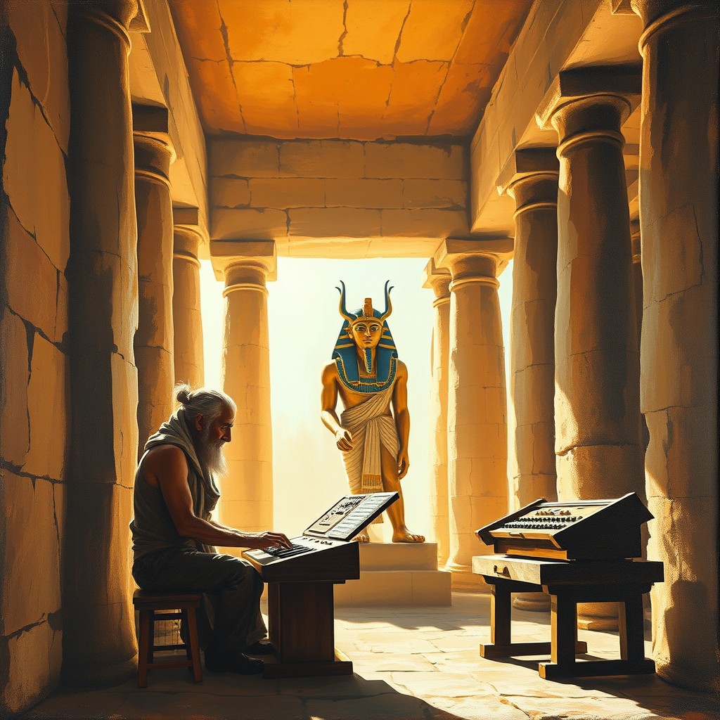 An old oil painting of an Egyptian temple. Inside, sunlight. Composition from the side, an old hermit working on a sound console. Behind him, Isis, the Egyptian goddess.