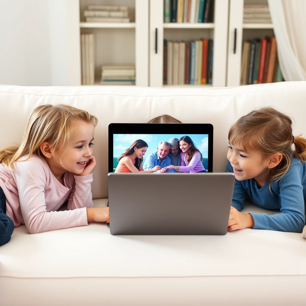 Three girls about ten years old. Watching a movie on a laptop on a white sofa. On their stomachs.