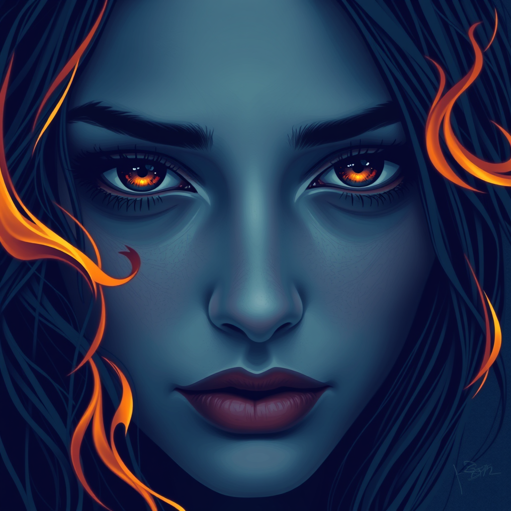 A close-up of a woman's face, inspired by the sun. Her expression is deep and soulful, reflecting both passion and sadness. Her eyes are intense and filled with emotion. The color palette is cool, featuring deep blues and purples, with a hint of warmth in her eyes. Whipping flames accent her face, blending seamlessly into the background, creating a contrast between the cool and warm tones. The overall feel is a harmonious blend of passion and melancholy, embodying the soulful essence of the sun. - Image