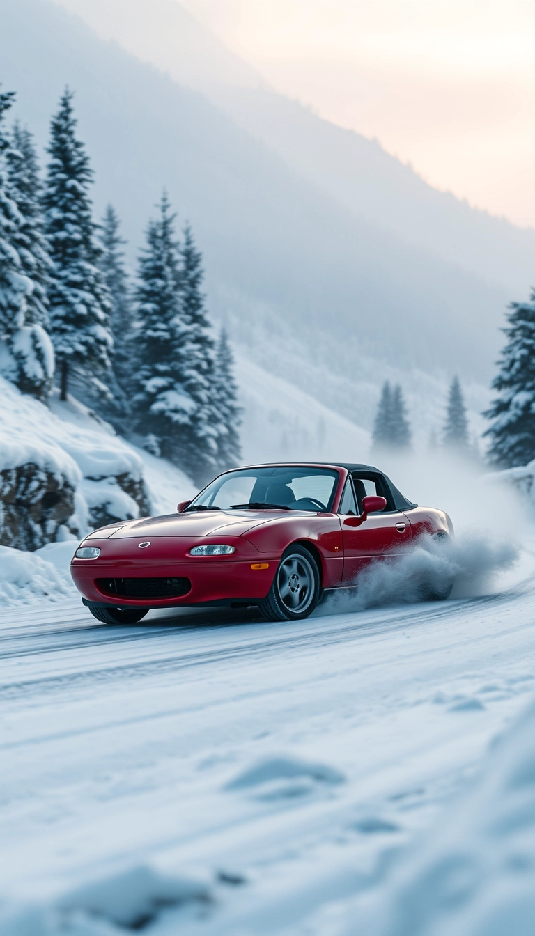 Create an image of a red 1991 Mazda MX-5 drifting on a snowy mountain road.