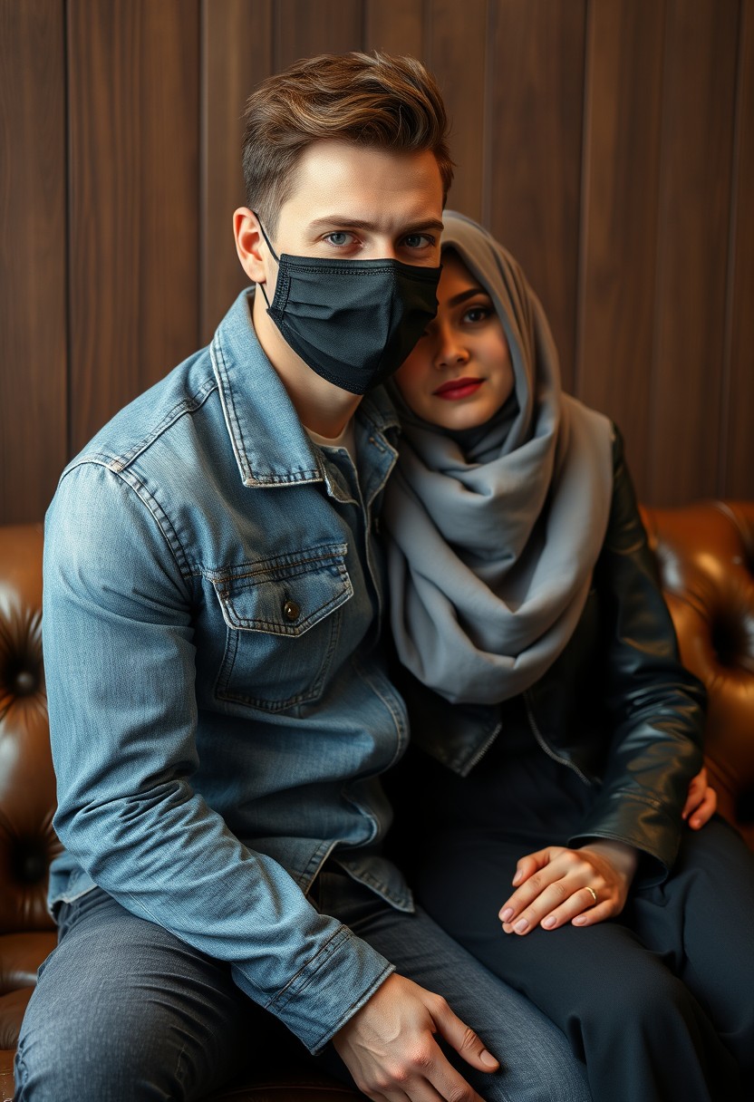 Jamie Dornan's head and body shot, handsome, face mask black, jeans jacket, jeans, dating, love couple, with the biggest grey hijab Muslim girl, beautiful eyes, face mask black, black leather jacket, biggest skirt, hyper realistic, studio photography, sitting on leather classic sofa, wooden wall.