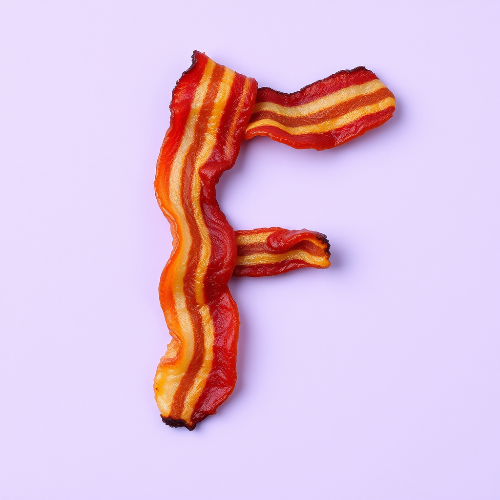 A letter "F" made of fried bacon in a light purple background, realistic photograph.