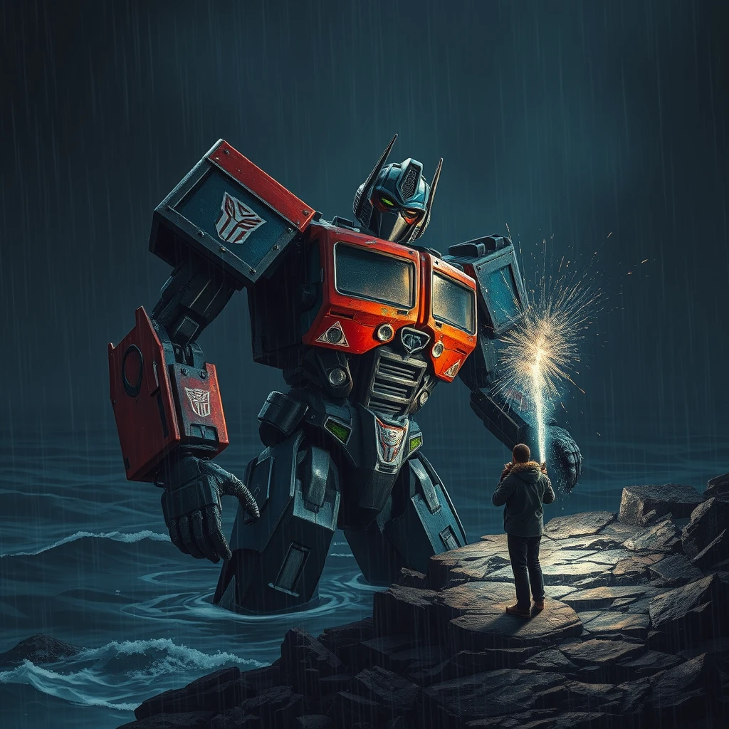 There was a reef on the coast of the dark sea. A scarred Transformer fell beside the reef. The Transformer's left arm was missing, revealing the connection line, which was emitting fireworks. A man looked at the Transformer with a flashlight in the rain.