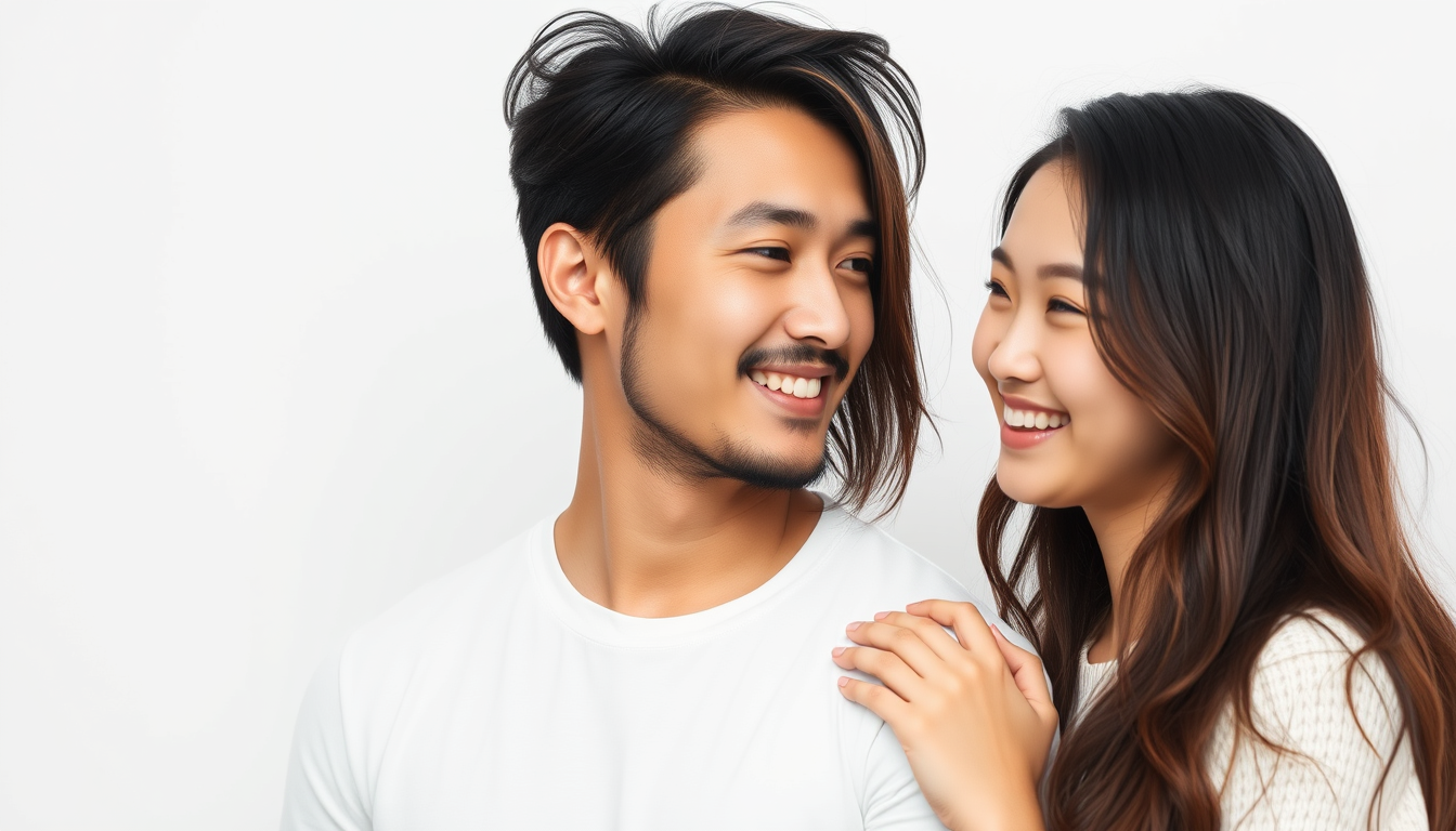 Handsome man and beautiful teenage woman couple from Japan with great hair, against a pure white background. - Image