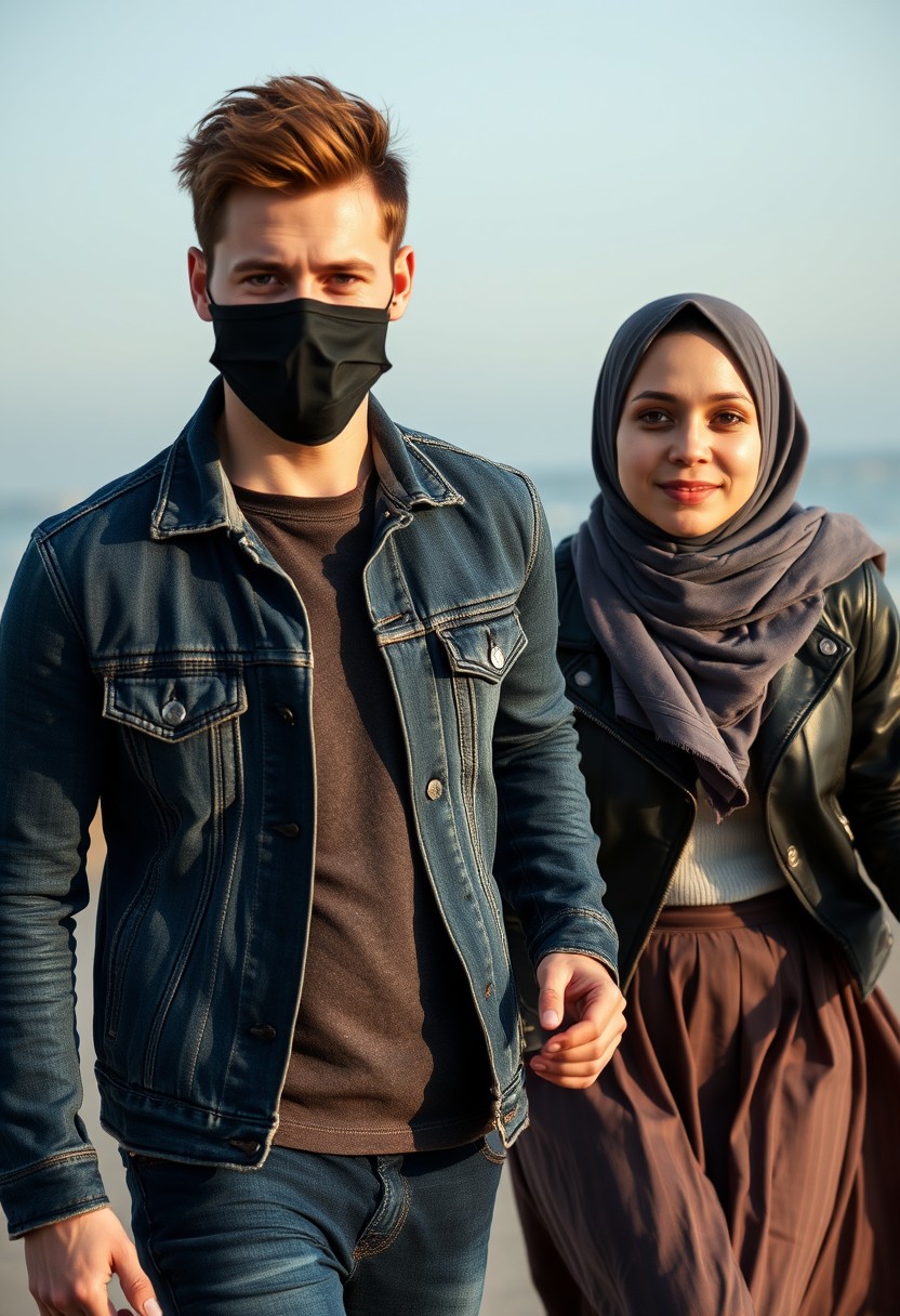 Jamie Dornan's head and body shot, handsome, face mask black, jeans jacket, jeans, dating, love couple, with the biggest grey hijab Muslim girl, face mask black, beautiful eyes, black leather jacket, biggest skirt, running happy together at the beach, hyper realistic, street photography. - Image