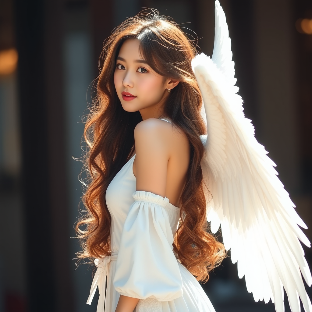 30's Korean idol girl angel, long wavy hair, spreading big wings on her back, full body, side view, side lighting, background bokeh. - Image