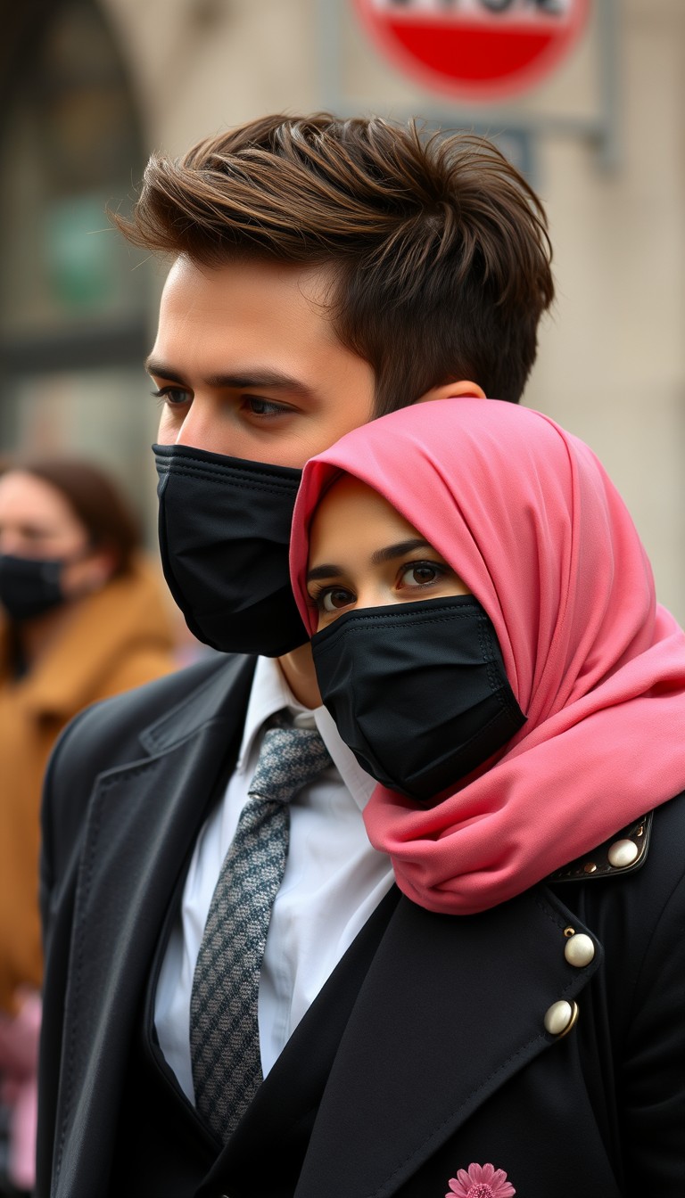 Jamie Dornan's head and body shot, handsome, young, black face mask, half-buttoned white shirt, grey patterned tie, black suit coat, dating love with the biggest soft pink hijab girl, beautiful eyes, black leather jacket, black face mask, biggest floral skirt, hyper-realistic, street photography. - Image