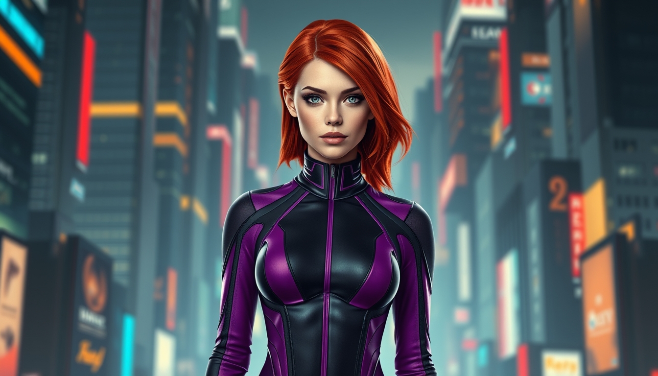 I used Flux AI Image Generator to create this image of a woman with red hair and green eyes. She's wearing a skintight purple and black spandex suit. The suit has a high collar and long sleeves. She's standing perfectly straight. The background is a futuristic city. I love this image; it's like something out of a fantasy movie.